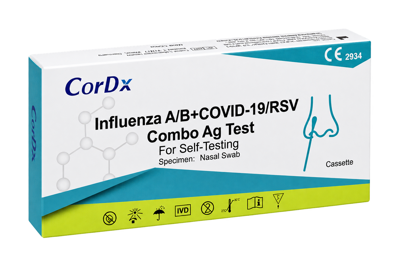 Przód opakowania testu CorDx Influenza A/B, COVID-19 i RSV Combo Ag Test