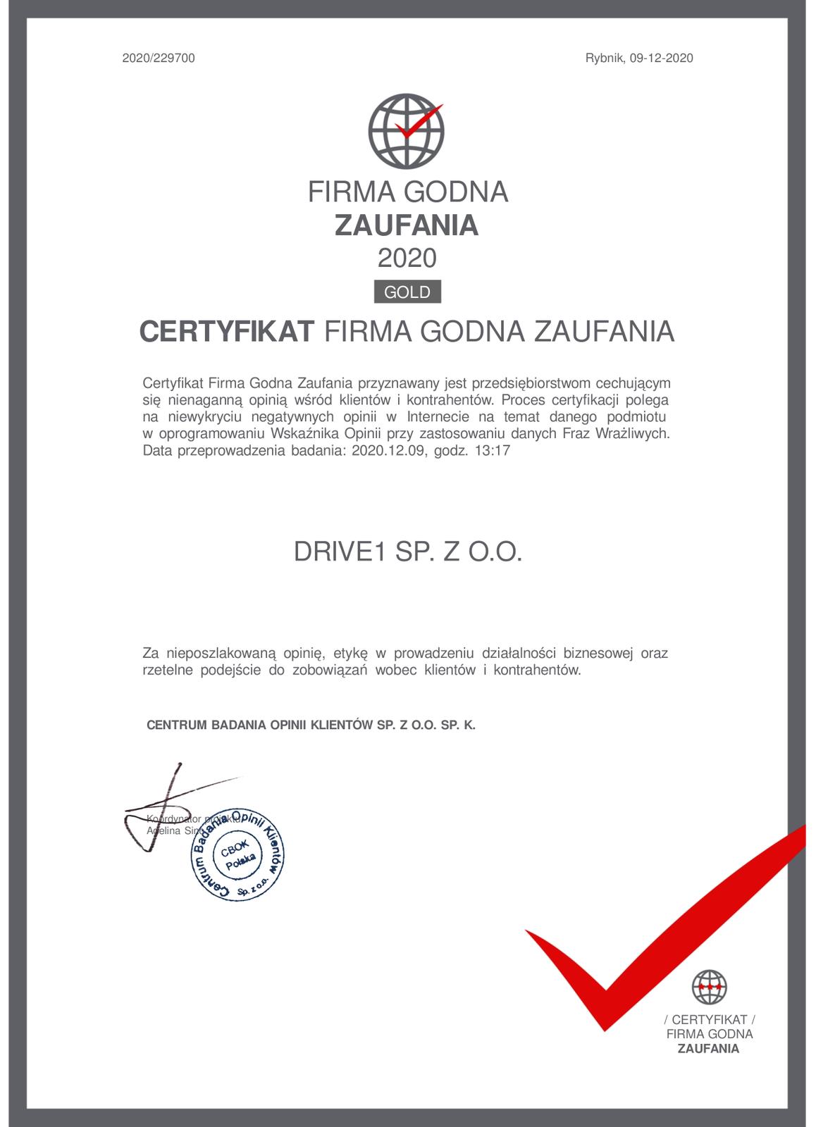 Certyfikat Firma Godna Zaufania 2020 Gold przyznany Drive1 Spółka z ograniczoną odpowiedzialnością